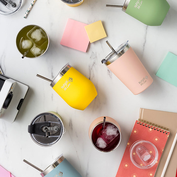 Stainless steel insulated travel mug with straw - Blue 360ml