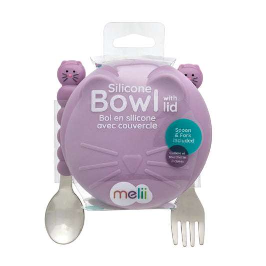 Melii Silicone Bowl with Lid and Utensils - Cat