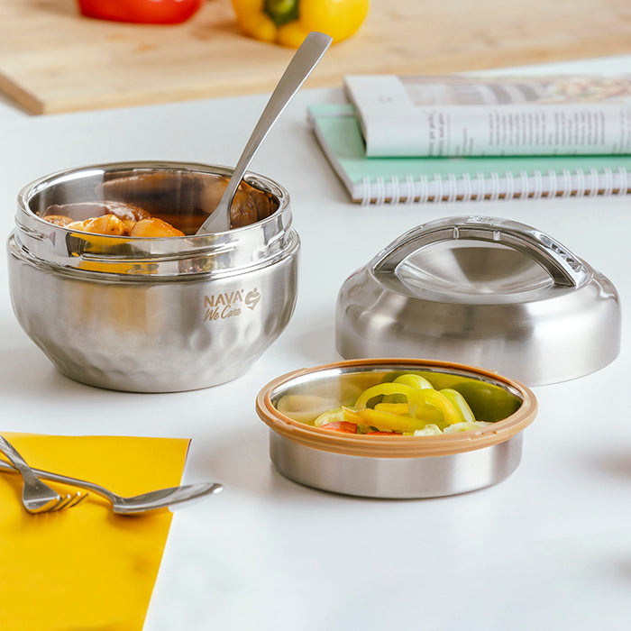 Round stainless steel SS304 lunch box "We Care", 1000ml