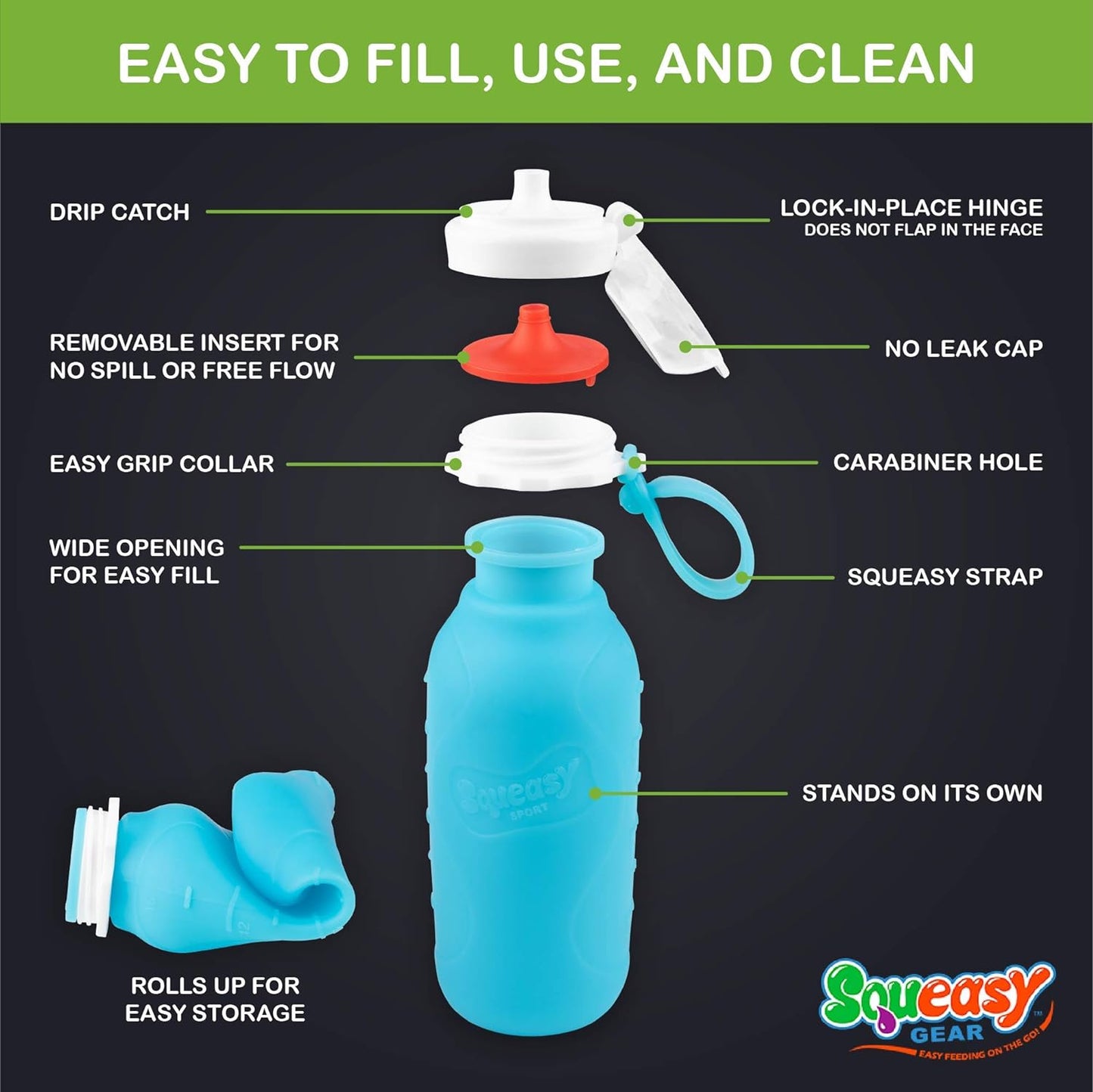 Squeasy Gear Sport, 480ml - Foldable drinking bottle