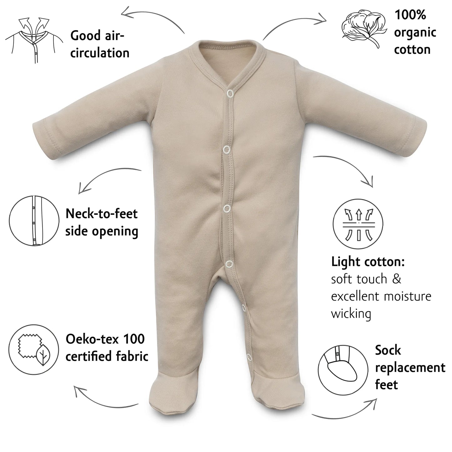 Organic Long Sleeve mid-snap Sleepsuit - Hazelnut
