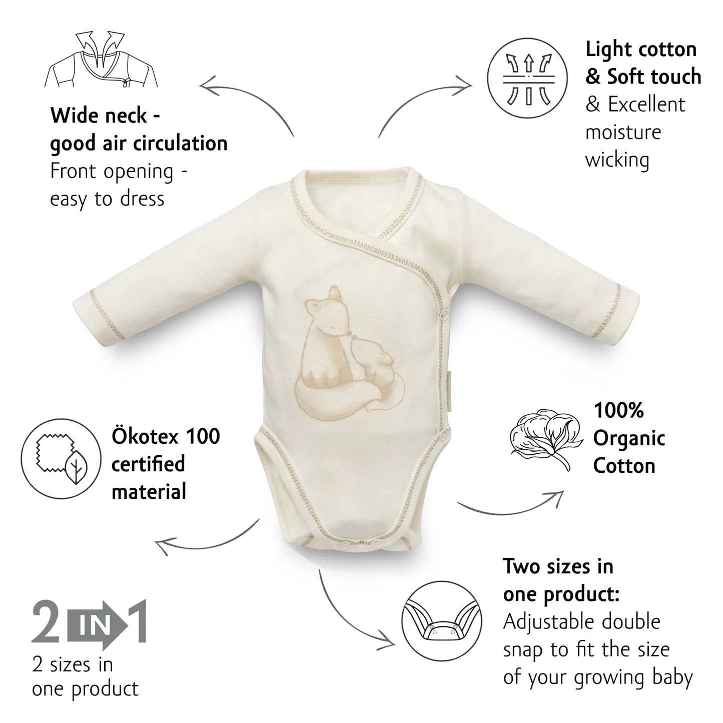Organic Long Sleeve Kimono Bodysuit - Fox