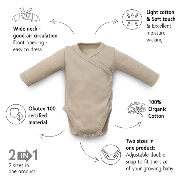 Organic Long Sleeve Kimono Bodysuit - Hazelnut