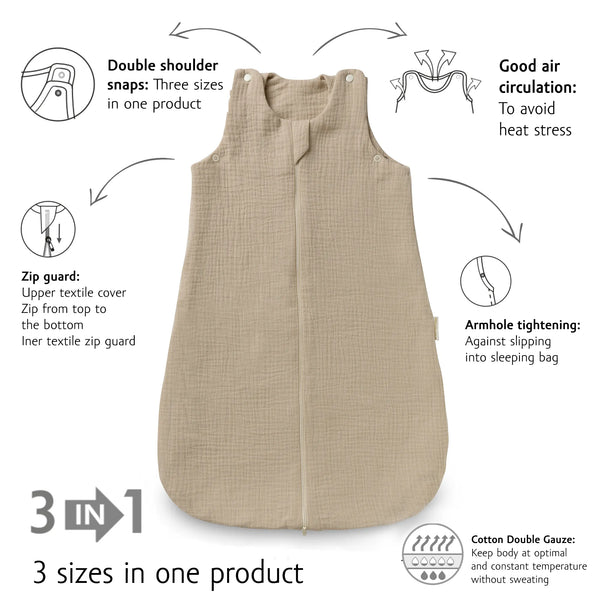 Organic Muslin Baby Sleeping Bag TOG 1 - Hazelnut