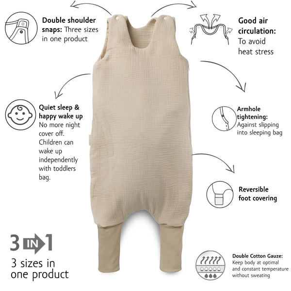 Organic Muslin Toddler Sleeping Bag with legs TOG 1 - Hazelnut