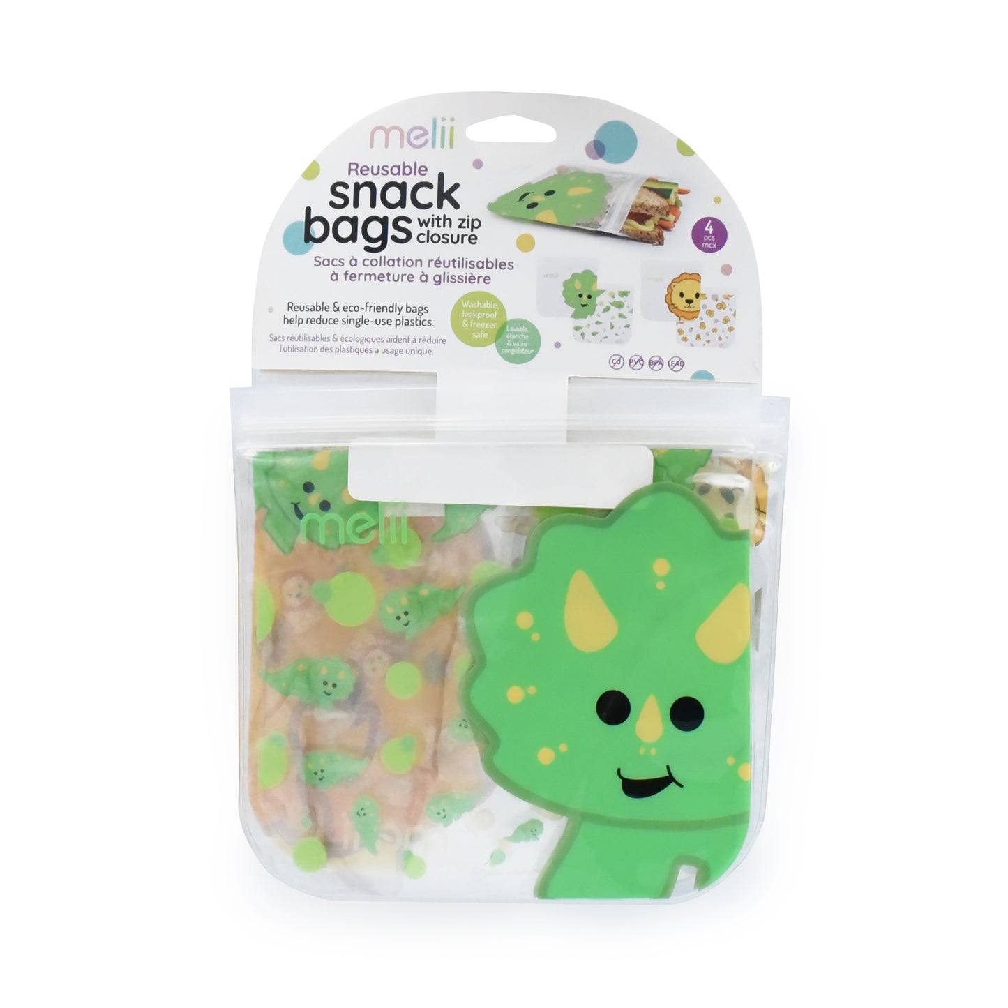 Melii EVA Reusable Snack Bags - Dino/Lion